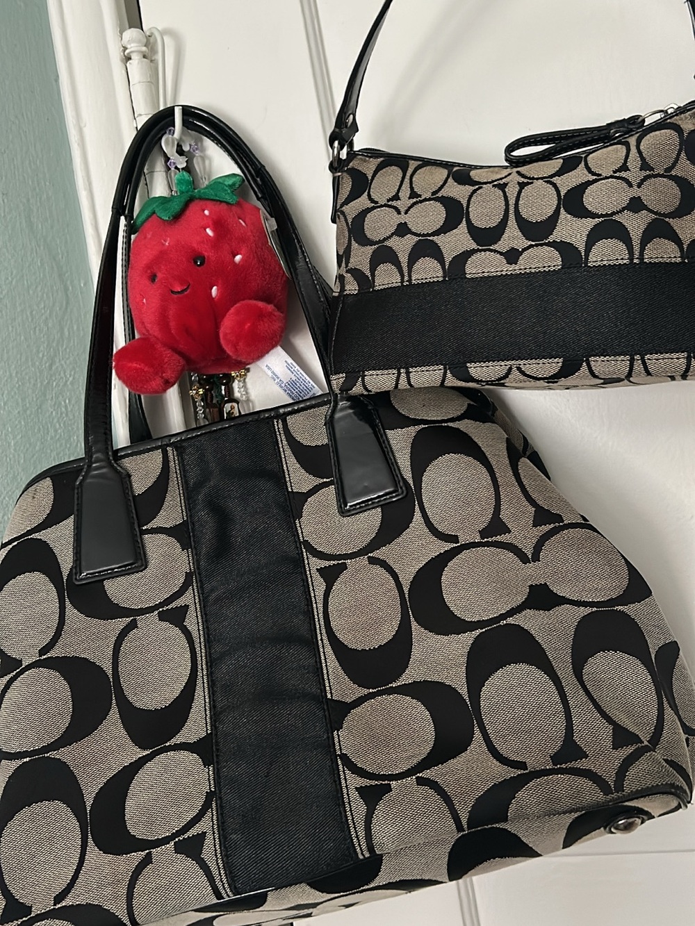 Coach Black and Tan Signature Canvas Tote with Matching Shoulder Bag